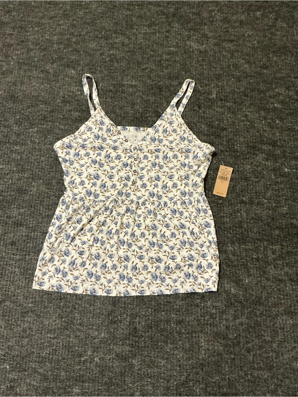 American Eagle Outfitters White Spaghetti Strap Floral Tank with Blue Print